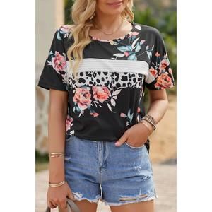 NEW SHIYING FASHION black leopard striped floral t-shirt in black